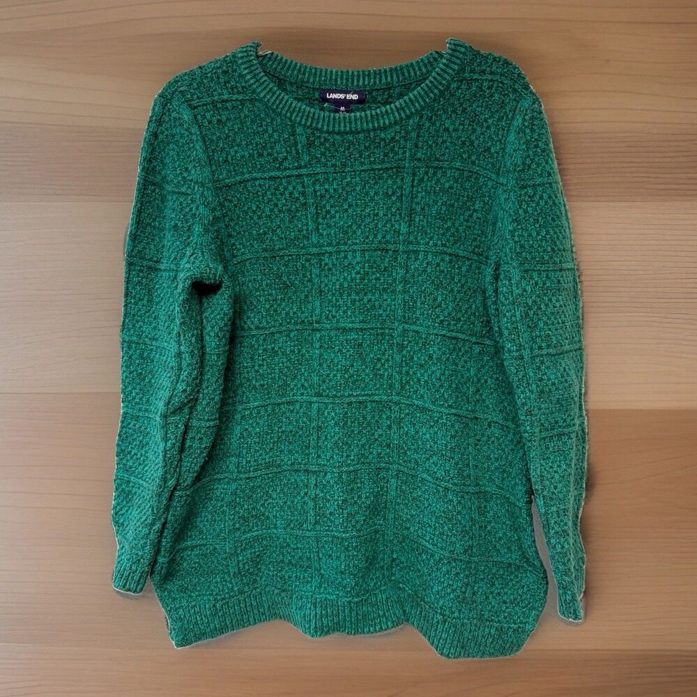 Lands’ End Women’s Green Grid Knit Crewneck Sweater Size Medium Cotton Wool